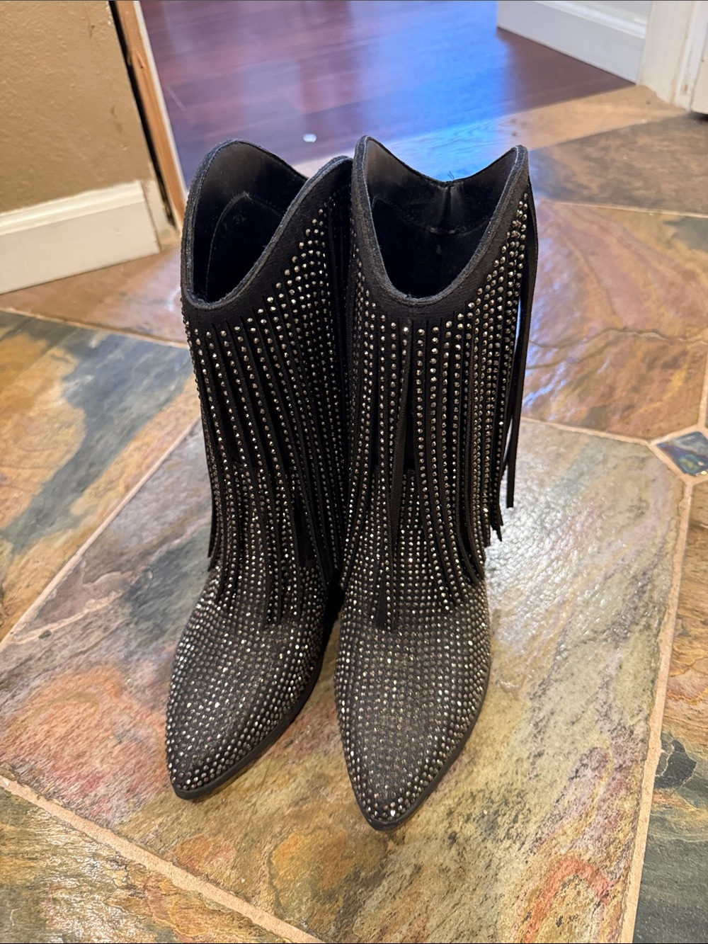 Soda Black Studded Fringe Pointed Toe Ankle Boots